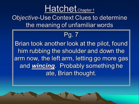 Hatchet Chapter 1 Objective-Use Context Clues to determine the meaning of unfamiliar words Pg. 7 Brian took another look at the pilot, found him rubbing.