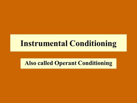 Instrumental Conditioning Also called Operant Conditioning.