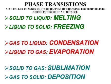 PHASE TRANSISTIONS ALSO CALLED CHANGES OF STATE, HAPPENS BY CHANGING THE TEMPERATURE AND/OR PRESSURE OF A SUBSTANCE. SOLID TO LIQUID: MELTING LIQUID TO.