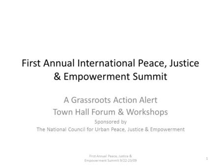 First Annual International Peace, Justice & Empowerment Summit A Grassroots Action Alert Town Hall Forum & Workshops Sponsored by The National Council.