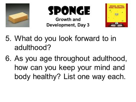 SPONGE 5.What do you look forward to in adulthood? 6.As you age throughout adulthood, how can you keep your mind and body healthy? List one way each. Growth.