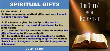 1 Corinthians 12 1. Now concerning spiritual gifts, brethren, I would not have you ignorant. 8. For to one is given by the Spirit the word of wisdom; to.