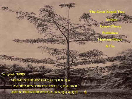 The Great Kapok Tree Author: Lynne Cherry Publisher: Harcourt Brace & Co. 2nd grade TEKS SOCAIL STUDIES 113.4 6) C, 7) B & 8) A LA & READING 110.4 3)