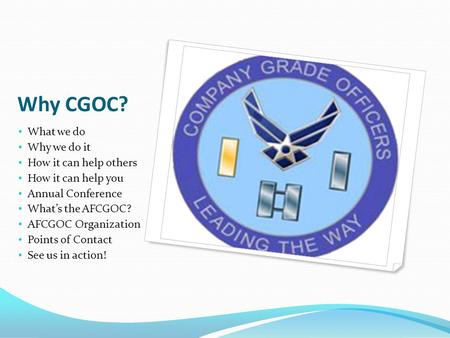 Why CGOC? What we do Why we do it How it can help others How it can help you Annual Conference What’s the AFCGOC? AFCGOC Organization Points of Contact.