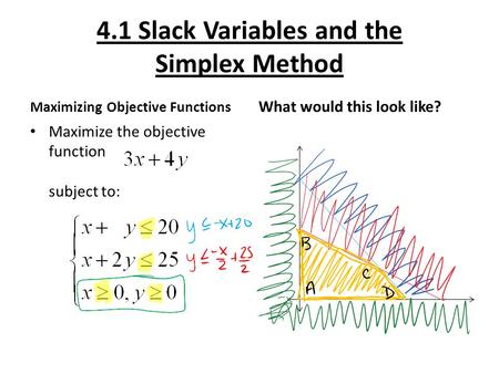 4.1 Slack Variables and the Simplex Method Maximizing Objective Functions Maximize the objective function subject to: What would this look like?