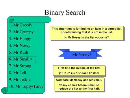 Binary Search This algorithm is for finding an item in a sorted list or determining that it is not in the list. Is Mr Nosey in the list opposite? This.