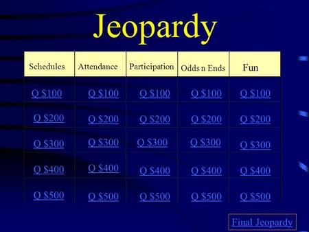 Jeopardy SchedulesAttendanceParticipation Odds n Ends Fun Q $100 Q $200 Q $300 Q $400 Q $500 Q $100 Q $200 Q $300 Q $400 Q $500 Final Jeopardy.
