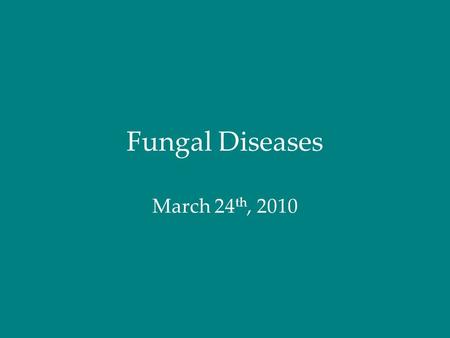 Fungal Diseases March 24 th, 2010. Fungi fundamentals Occupy almost every ecological niche Exist in two forms: Yeasts –Single celled Molds –Growth in.