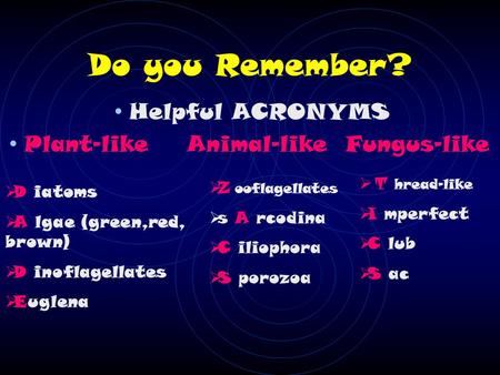Do you Remember? Helpful ACRONYMS Plant-like Animal-like Fungus-like  D iatoms  A lgae (green,red, brown)  D inoflagellates  Euglena  Z ooflagellates.