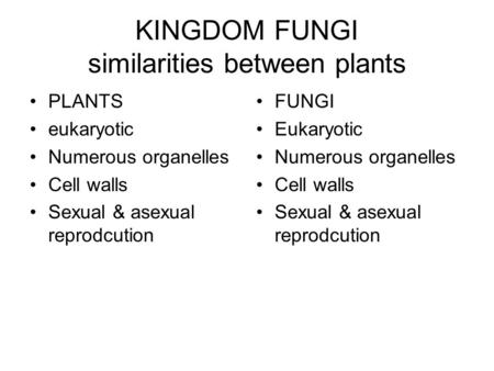 KINGDOM FUNGI similarities between plants PLANTS eukaryotic Numerous organelles Cell walls Sexual & asexual reprodcution FUNGI Eukaryotic Numerous organelles.