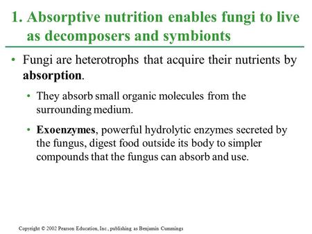 Fungi are heterotrophs that acquire their nutrients by  absorption.