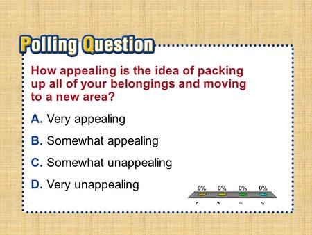 A.A B.B C.C D.D Section 2-Polling QuestionSection 2-Polling Question How appealing is the idea of packing up all of your belongings and moving to a new.
