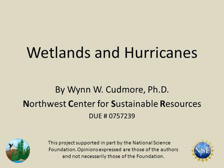 Wetlands and Hurricanes By Wynn W. Cudmore, Ph.D. Northwest Center for Sustainable Resources DUE # 0757239 This project supported in part by the National.