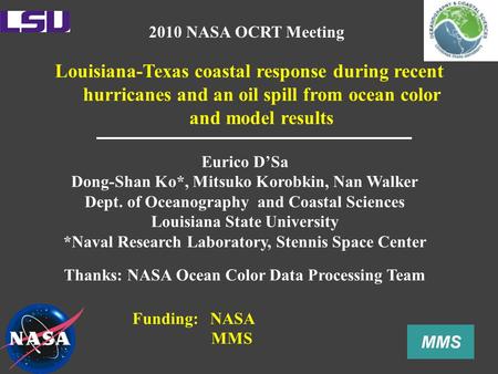 Louisiana-Texas coastal response during recent hurricanes and an oil spill from ocean color and model results Eurico D’Sa Dong-Shan Ko*, Mitsuko Korobkin,