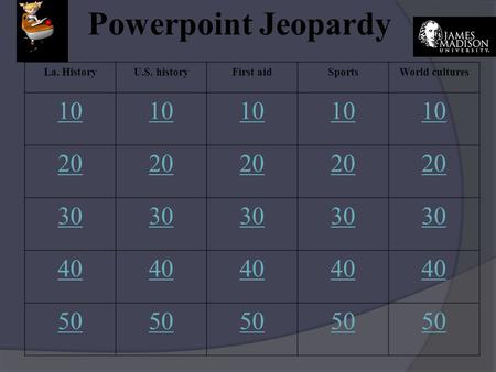 Powerpoint Jeopardy La. HistoryU.S. historyFirst aidSportsWorld cultures 10 20 30 40 50.