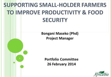 SUPPORTING SMALL-HOLDER FARMERS TO IMPROVE PRODUCTIVITY & FOOD SECURITY 1 Bongani Maseko (Phd) Project Manager Portfolio Committee 26 February 2014.