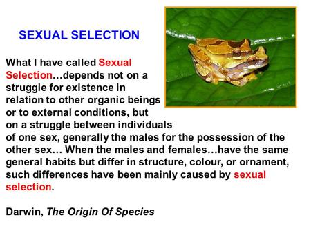 SEXUAL SELECTION What I have called Sexual Selection…depends not on a struggle for existence in relation to other organic beings or to external conditions,