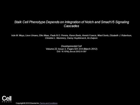Stalk Cell Phenotype Depends on Integration of Notch and Smad1/5 Signaling Cascades Iván M. Moya, Lieve Umans, Elke Maas, Paulo N.G. Pereira, Karen Beets,