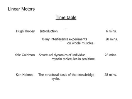 Time table Hugh Huxley Introduction. 6 mins. X-ray interference experiments 28 mins. on whole muscles. Yale Goldman Structural dynamics of individual 28.