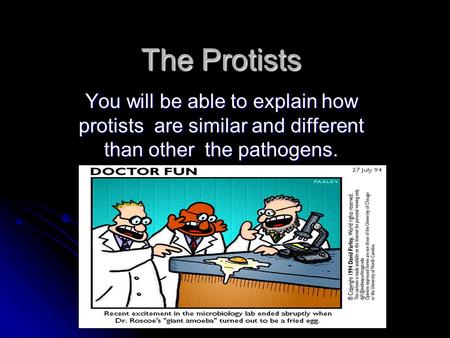 The Protists You will be able to explain how protists are similar and different than other the pathogens.