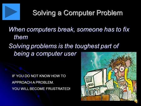 Solving a Computer Problem When computers break, someone has to fix them Solving problems is the toughest part of being a computer user IF YOU DO NOT.