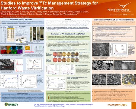 Studies to Improve 99 Tc Management Strategy for Hanford Waste Vitrification Dongsang Kim, John S. McCloy, Brian J. Riley, Mike J. Schweiger, Pavel R.