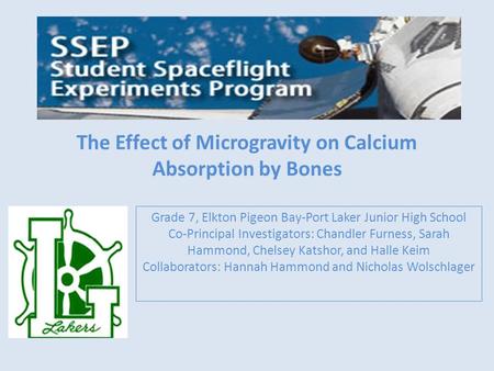 The Effect of Microgravity on Calcium Absorption by Bones Grade 7, Elkton Pigeon Bay-Port Laker Junior High School Co-Principal Investigators: Chandler.