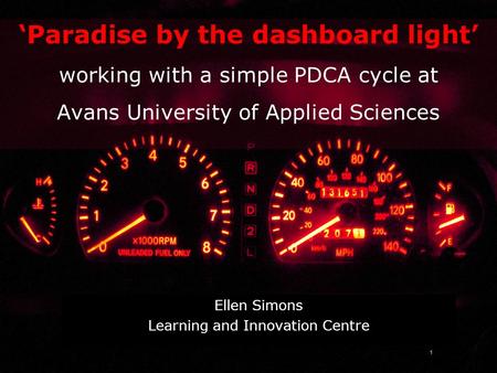 29 June 2011 LIBER 40th Annual Conference 1 Ellen Simons Learning and Innovation Centre ‘Paradise by the dashboard light’ working with a simple PDCA cycle.