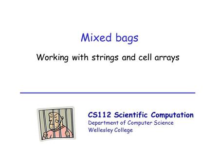 CS112 Scientific Computation Department of Computer Science Wellesley College Mixed bags Working with strings and cell arrays.