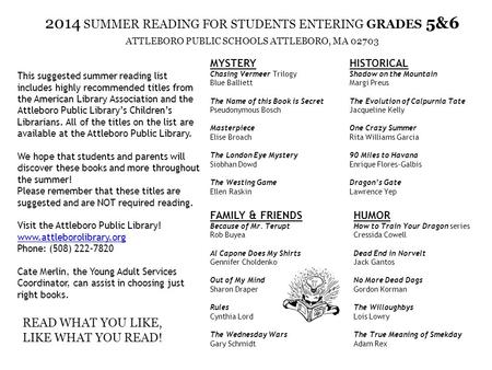 This reading list presents a variety of different genres. Reading a variety of genres will help students discover their reading likes and dislikes. We.