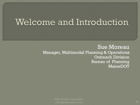 Sue Moreau Manager, Multimodal Planning & Operations Outreach Division Bureau of Planning MaineDOT 1 Peter Schauer Associates