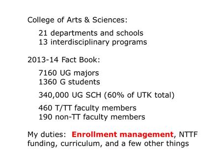 College of Arts & Sciences: 21 departments and schools 13 interdisciplinary programs 2013-14 Fact Book: 7160 UG majors 1360 G students 340,000 UG SCH (60%