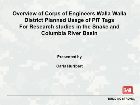 BUILDING STRONG ® Overview of Corps of Engineers Walla Walla District Planned Usage of PIT Tags For Research studies in the Snake and Columbia River Basin.