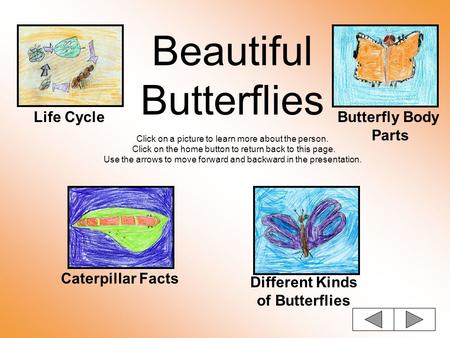 Beautiful Butterflies Click on a picture to learn more about the person. Click on the home button to return back to this page. Use the arrows to move.