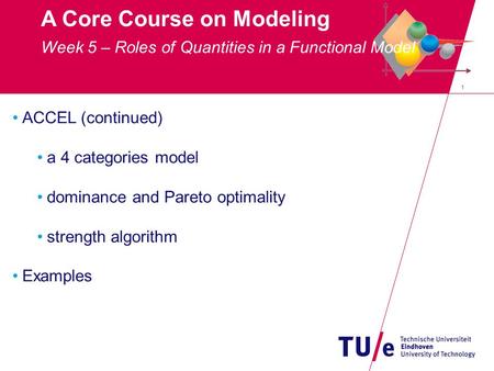 1 A Core Course on Modeling ACCEL (continued) a 4 categories model dominance and Pareto optimality strength algorithm Examples Week 5 – Roles of Quantities.