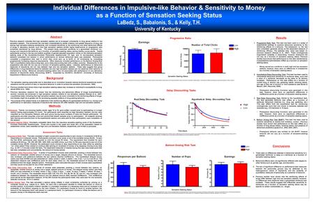 Individual Differences in Impulsive-like Behavior & Sensitivity to Money as a Function of Sensation Seeking Status LaBedz, S., Babalonis, S., & Kelly,