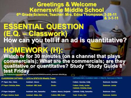 Greetings & Welcome Kernersville Middle School 6 th Grade Science, Teacher: Mrs. Edna Thompson, 2-28-11 & 3-1-11 & 3-1-11 ESSENTIAL QUESTION (E.Q. – Classwork)