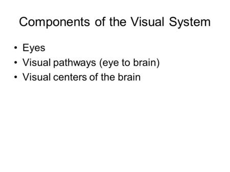 Components of the Visual System Eyes Visual pathways (eye to brain) Visual centers of the brain.