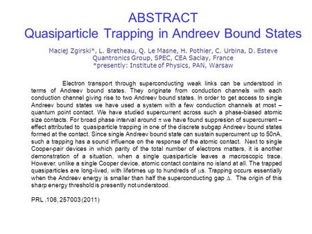 ABSTRACT Quasiparticle Trapping in Andreev Bound States Maciej Zgirski