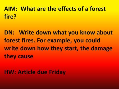 AIM: What are the effects of a forest fire? DN: Write down what you know about forest fires. For example, you could write down how they start, the damage.