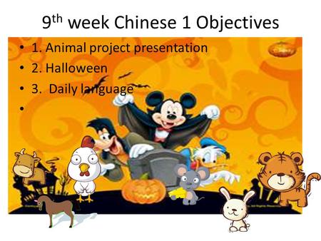 9 th week Chinese 1 Objectives 1. Animal project presentation 2. Halloween 3. Daily language.