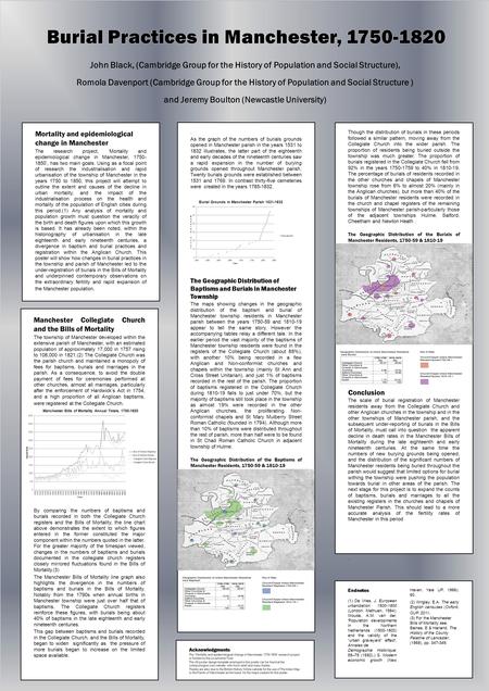 Mortality and epidemiological change in Manchester The research project, ‘Mortality and epidemiological change in Manchester, 1750- 1850’, has two main.