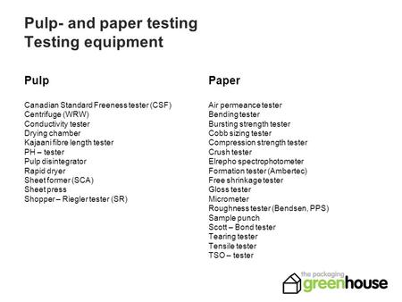 Pulp- and paper testing Testing equipment