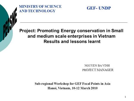 1 Project: Promoting Energy conservation in Small and medium scale enterprises in Vietnam Results and lessons learnt MINISTRY OF SCIENCE AND TECHNOLOGY.
