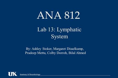 Anatomy & Neurobiology ANA 812 Lab 13: Lymphatic System By: Ashley Stoker, Margaret Disselkamp, Pradeep Mettu, Colby Dorroh, Bilal Ahmed.