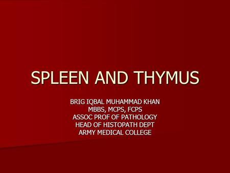 SPLEEN AND THYMUS BRIG IQBAL MUHAMMAD KHAN MBBS, MCPS, FCPS ASSOC PROF OF PATHOLOGY HEAD OF HISTOPATH DEPT ARMY MEDICAL COLLEGE.