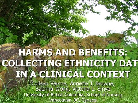 HARMS AND BENEFITS: COLLECTING ETHNICITY DATA IN A CLINICAL CONTEXT Colleen Varcoe, Annette J. Browne, Sabrina Wong, Victoria L. Smye University of British.