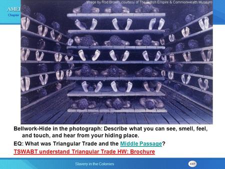 Bellwork-Hide in the photograph: Describe what you can see, smell, feel, and touch, and hear from your hiding place. EQ: What was Triangular Trade and.