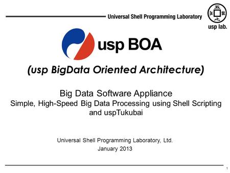 1 (usp BigData Oriented Architecture) Universal Shell Programming Laboratory, Ltd. January 2013 Big Data Software Appliance Simple, High-Speed Big Data.
