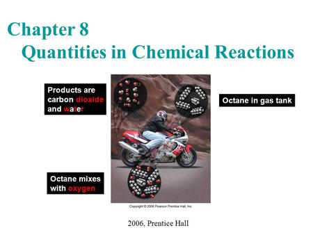 Chapter 8 Quantities in Chemical Reactions 2006, Prentice Hall Octane in gas tank Octane mixes with oxygen Products are carbon dioxide and water.